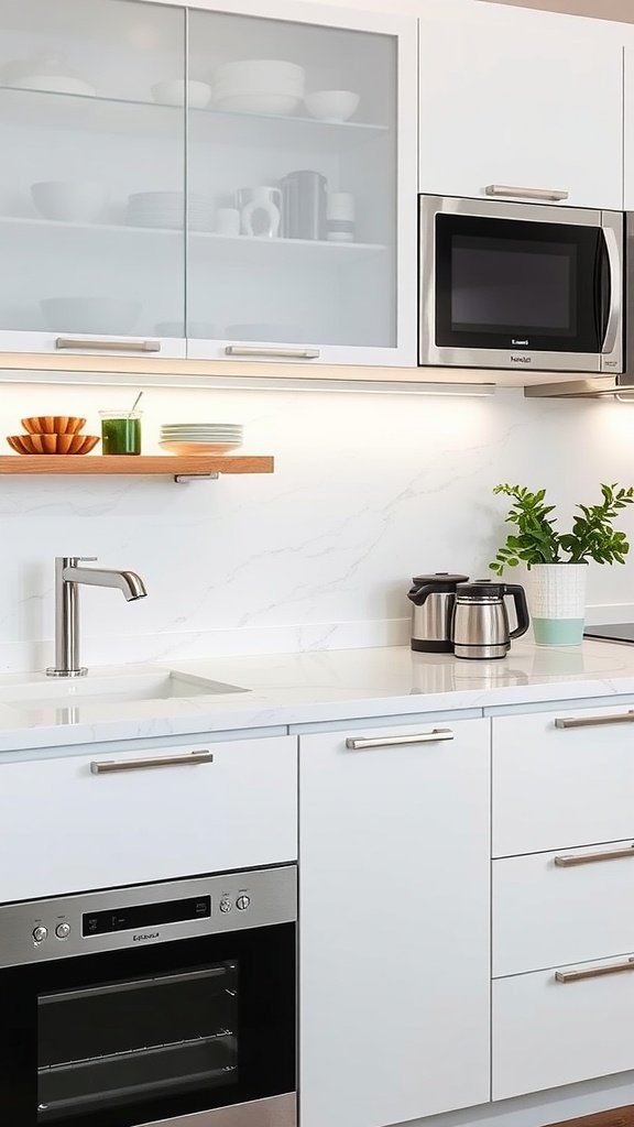 Modern kitchen with integrated appliances and marble countertops