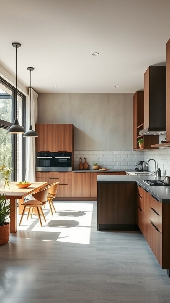 Bright modern kitchen featuring a dining area with a table and chairs, wooden cabinets, and large windows.