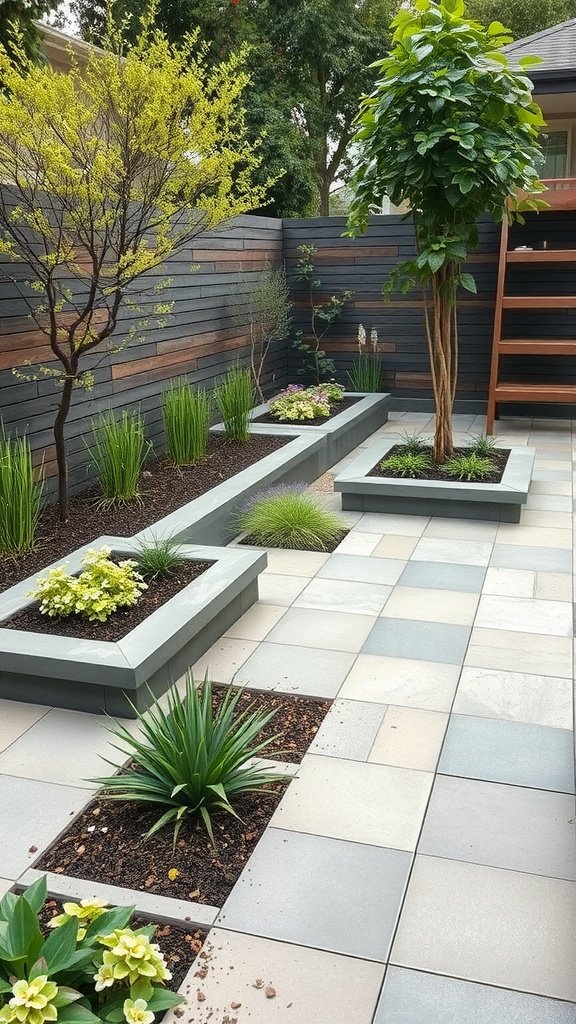A patio featuring integrated planter beds with various plants and modern tiles.