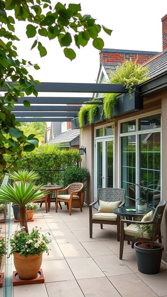A stylish patio featuring integrated planter boxes, comfortable seating, and lush greenery.