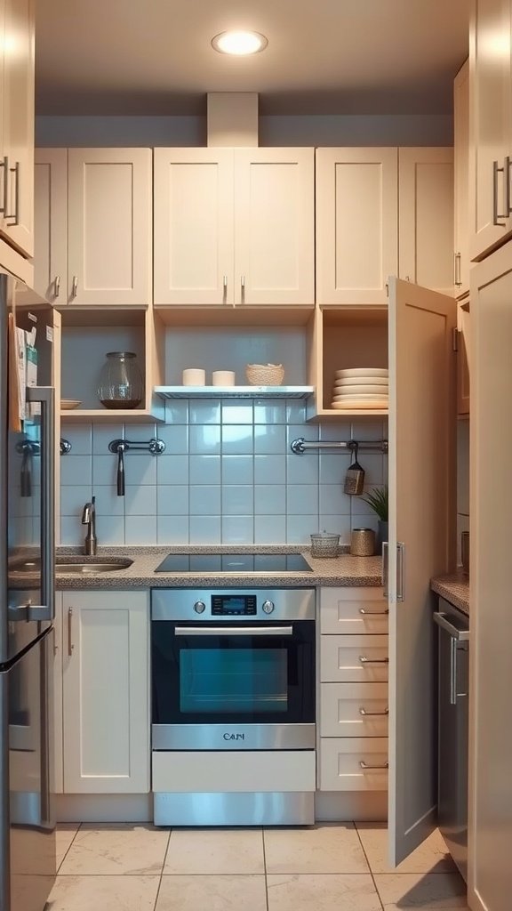 A compact kitchen showcasing integrated storage in cabinet doors with neatly organized items.