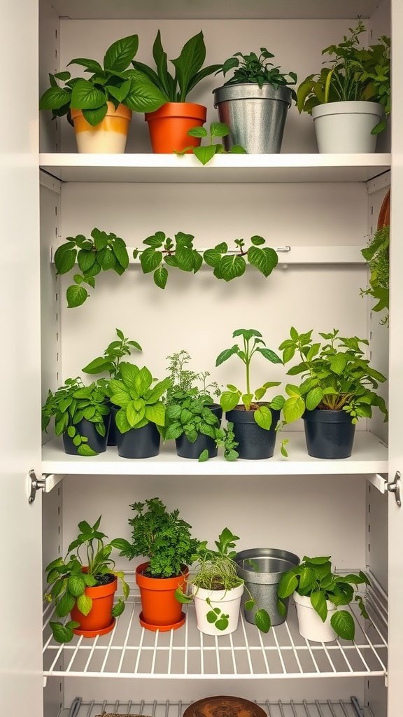 A pantry shelf filled with various potted herbs and plants.