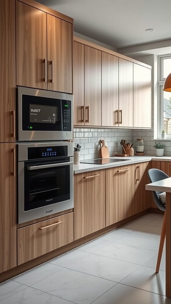 A modern kitchen showcasing integrated appliances within wooden cabinets.