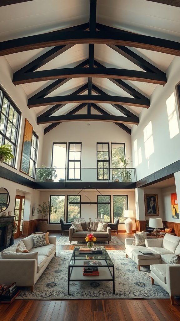 A spacious living room with high ceilings and stylish wooden beams