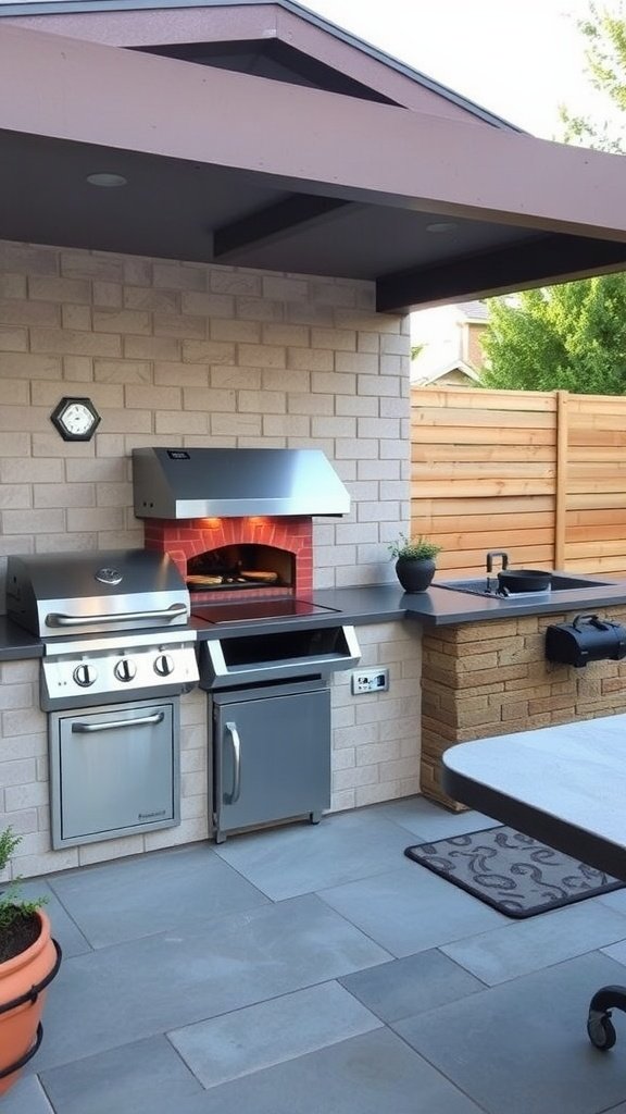 An outdoor kitchen featuring a grill and a brick oven.