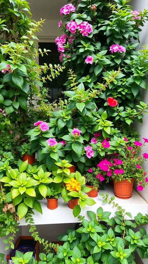 A balcony filled with vibrant flowers and greenery, showcasing a lush decor aesthetic.