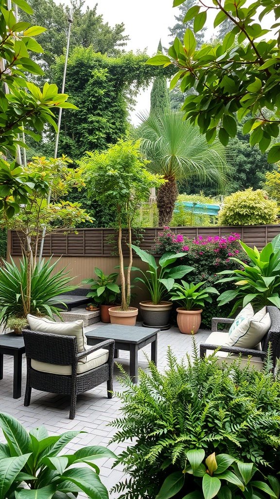A cozy outdoor seating area surrounded by lush plants and greenery.