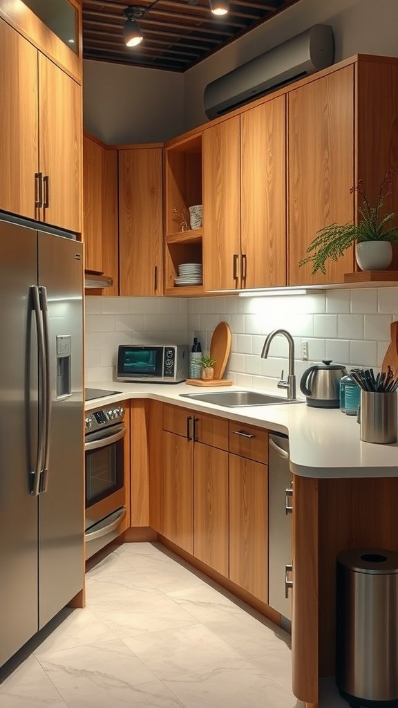 A modern tiny kitchen with wood cabinets and stainless steel appliances.