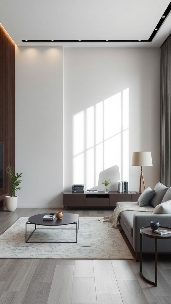 A stylish and minimalist living room featuring modern decor and a cozy atmosphere.