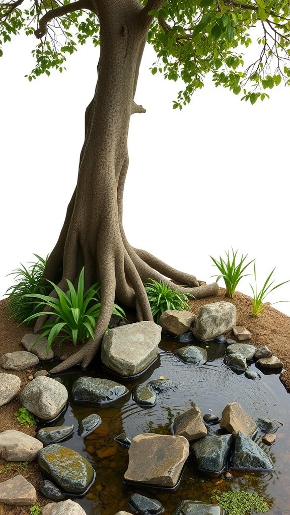 A tree near a small pond with rocks and plants around it.
