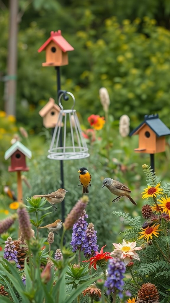 Colorful garden scene with flowers and birdhouses attracting various birds.