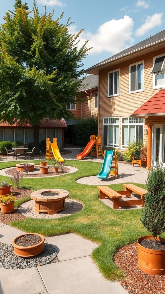 A modern front yard with seating, a fire pit, and slides for kids, creating an interactive family space.