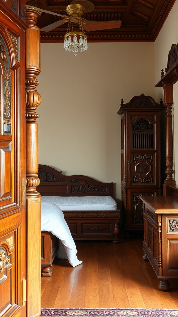 Intricate wood carvings in an Indian bedroom decor showcasing rich wooden furniture.