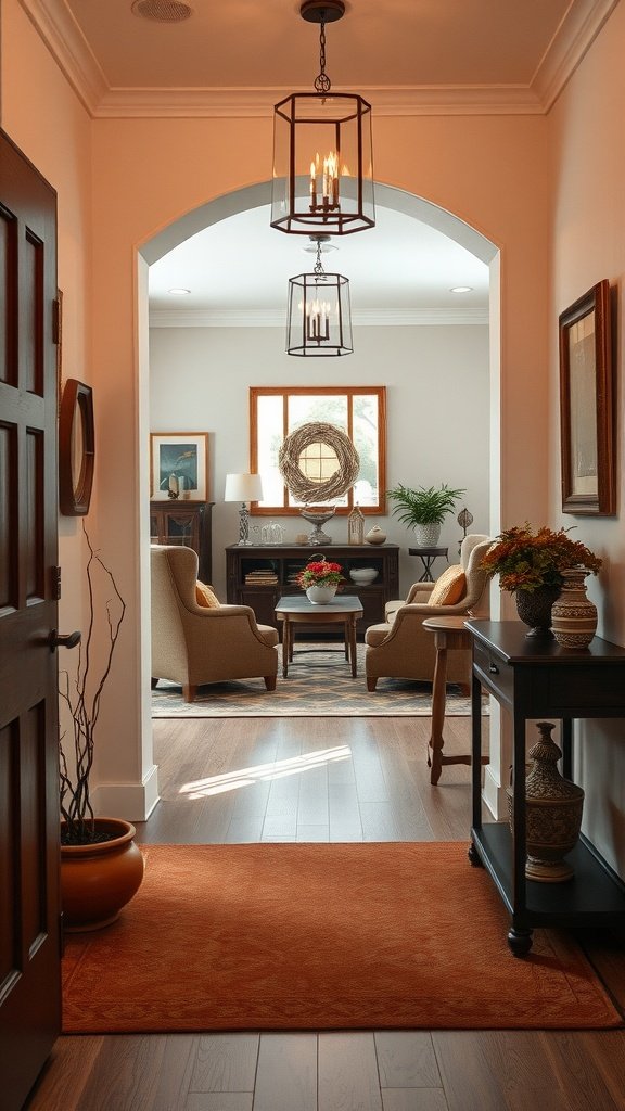 A warm and inviting entryway leading into a living room, featuring an olive couch and earthy decorations.