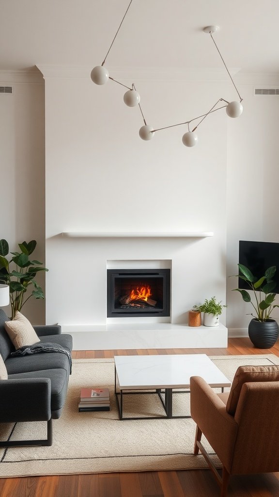 A modern living room featuring a fireplace, green sofa, and stylish decor.
