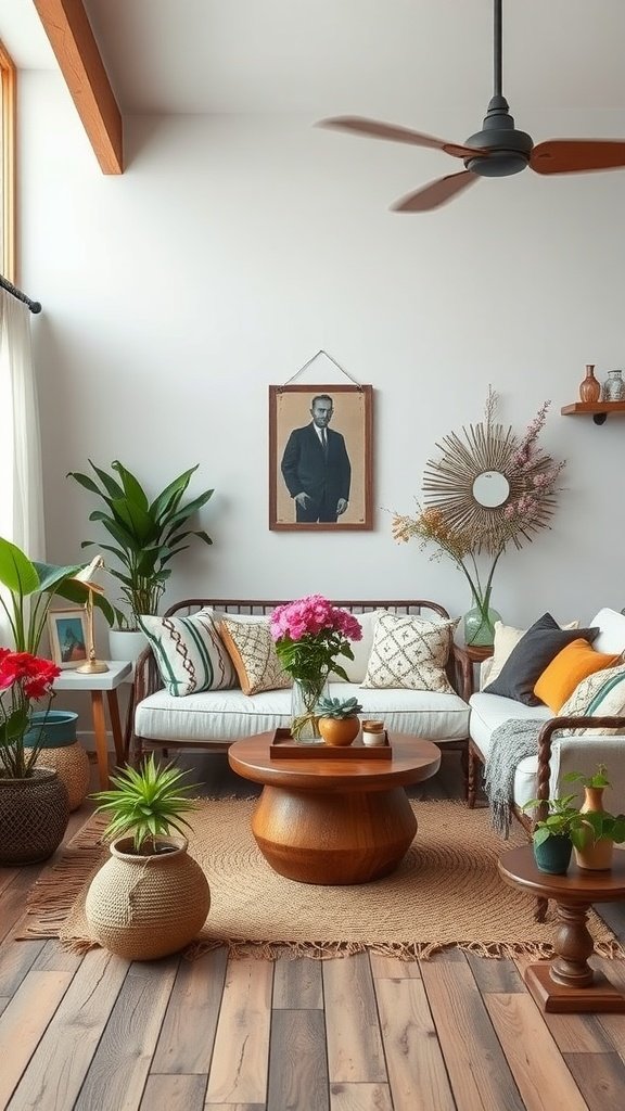 Colorful boho living room with plants and cozy decor.