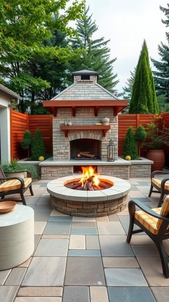A cozy outdoor fireplace surrounded by comfortable seating and colorful tiles.