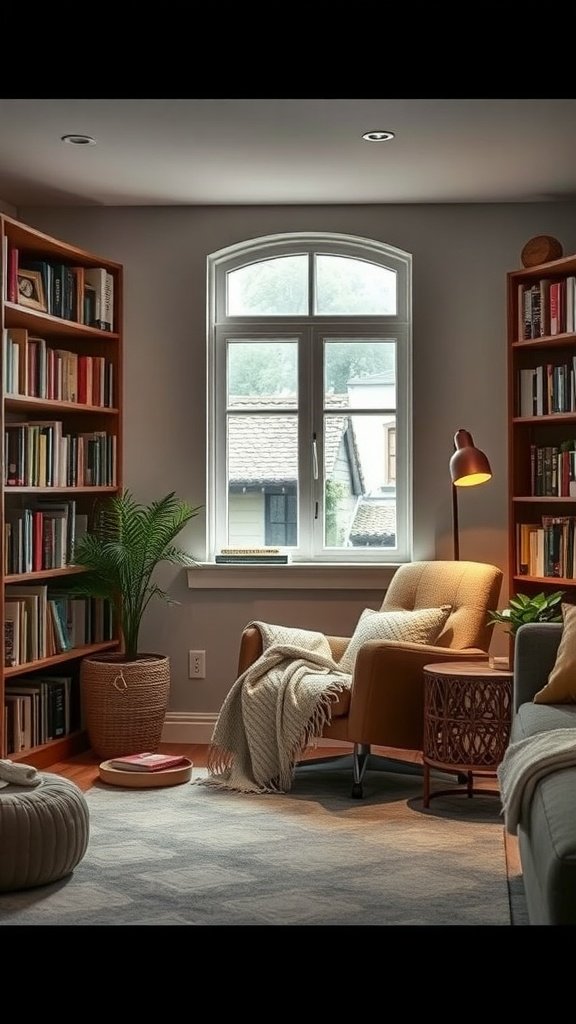 A cozy reading nook in a living room with a comfortable chair, bookshelves, and warm lighting.