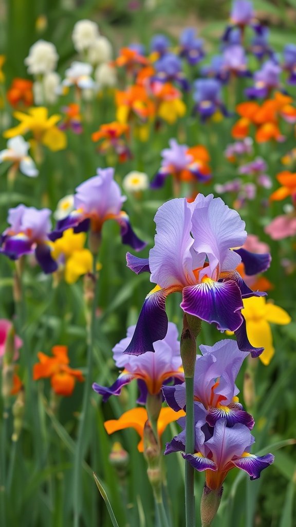 Colorful blooming iris flowers in a garden