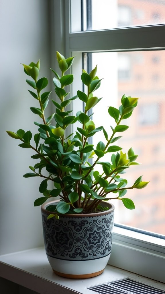 A jade plant in a decorative pot sitting on a windowsill