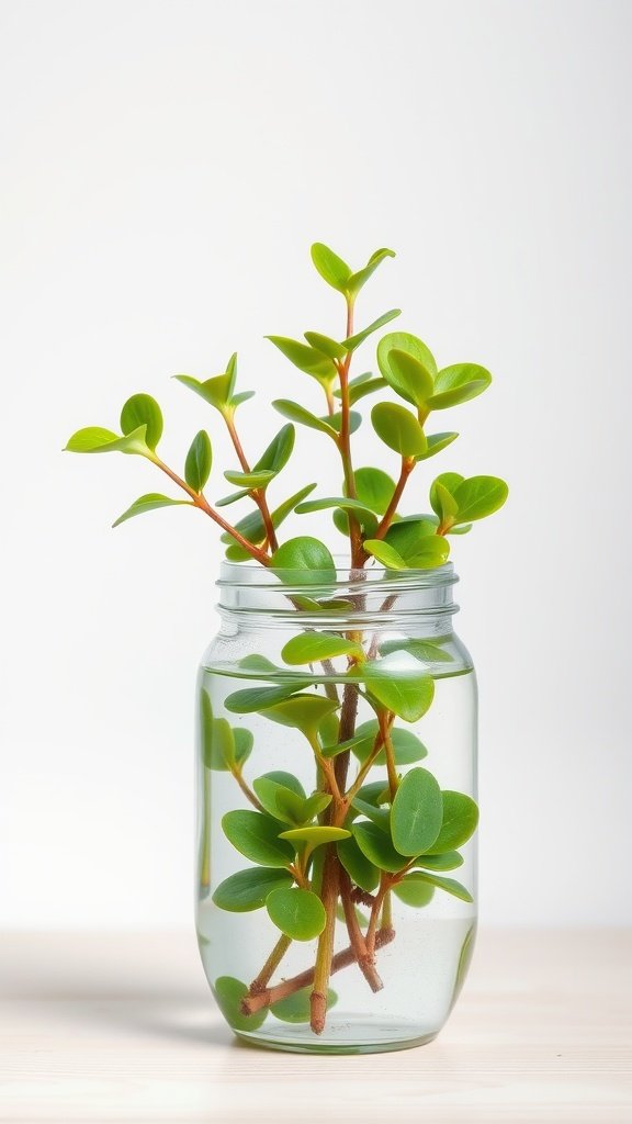 A jade plant cutting in a jar of water