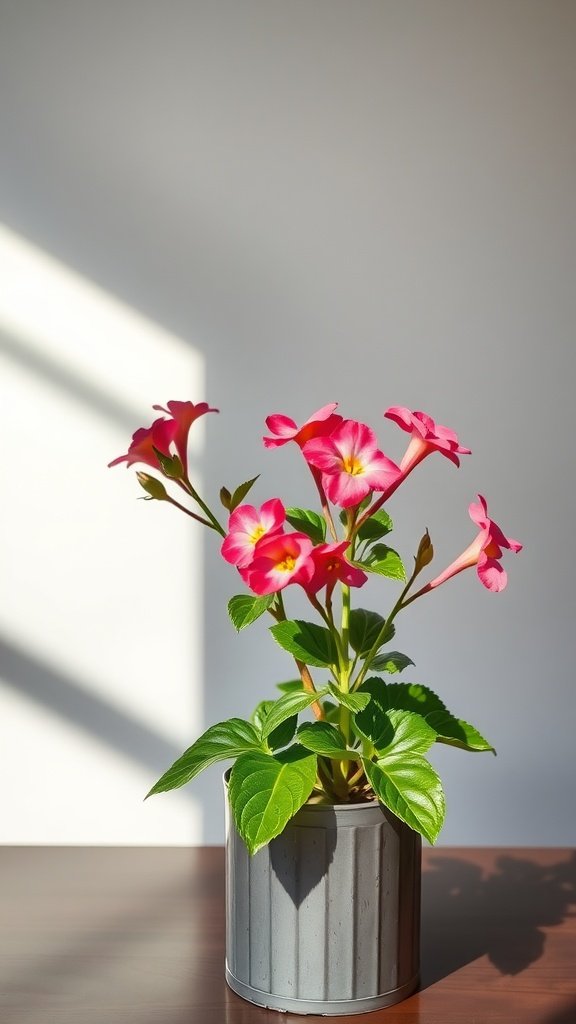 A vibrant Kalanchoe plant with pink flowers in a gray pot.