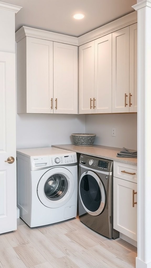 L-shaped laundry room with cabinets and stacked washer and dryer