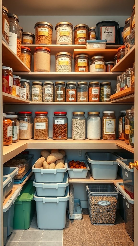 Organized pantry with labeled jars and containers for easy identification.