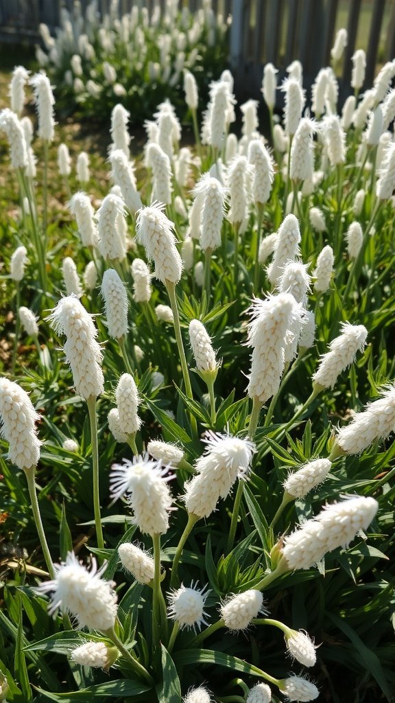 A close-up shot of Lamb's Ear plants with soft, silvery leaves and white flower spikes.