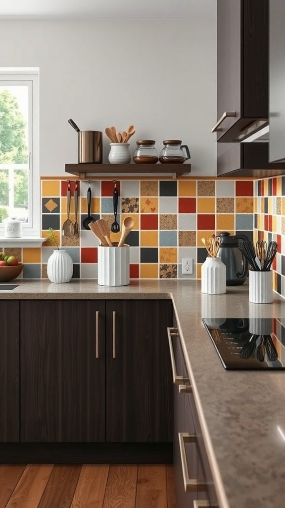 Stylish kitchen with laminate countertops and colorful tile backsplash