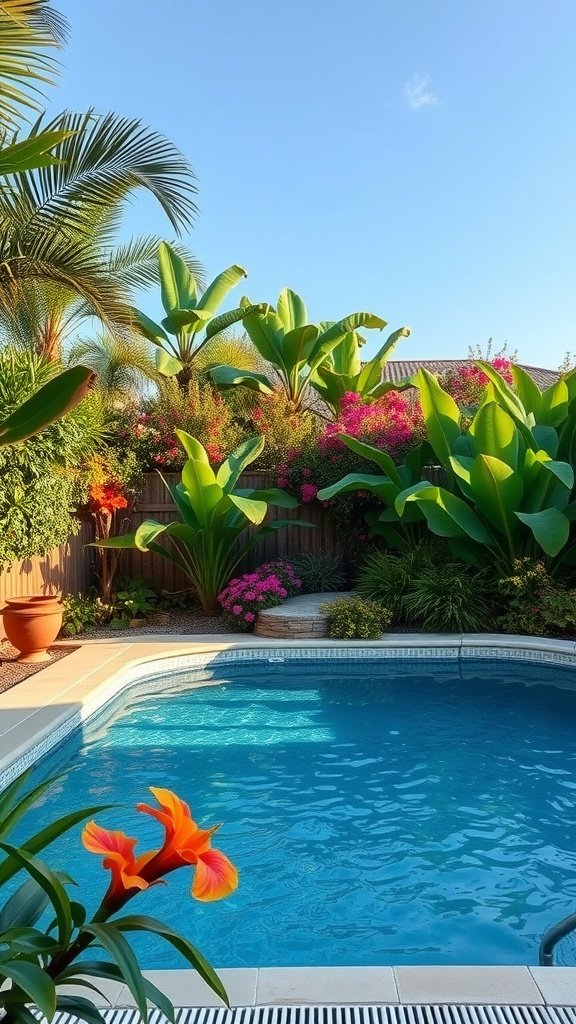 A beautifully landscaped backyard swimming pool surrounded by vibrant flowers and lush greenery.