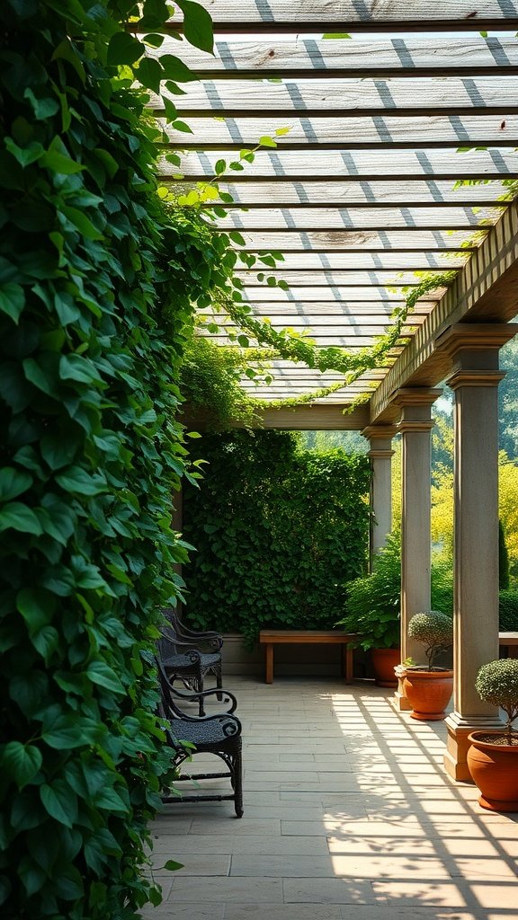 Lattice roof covered with ivy on a patio.