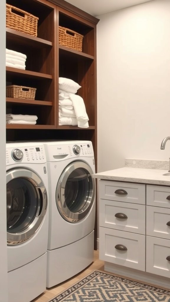 A laundry room featuring a folding station, washer and dryer, and organized shelves.
