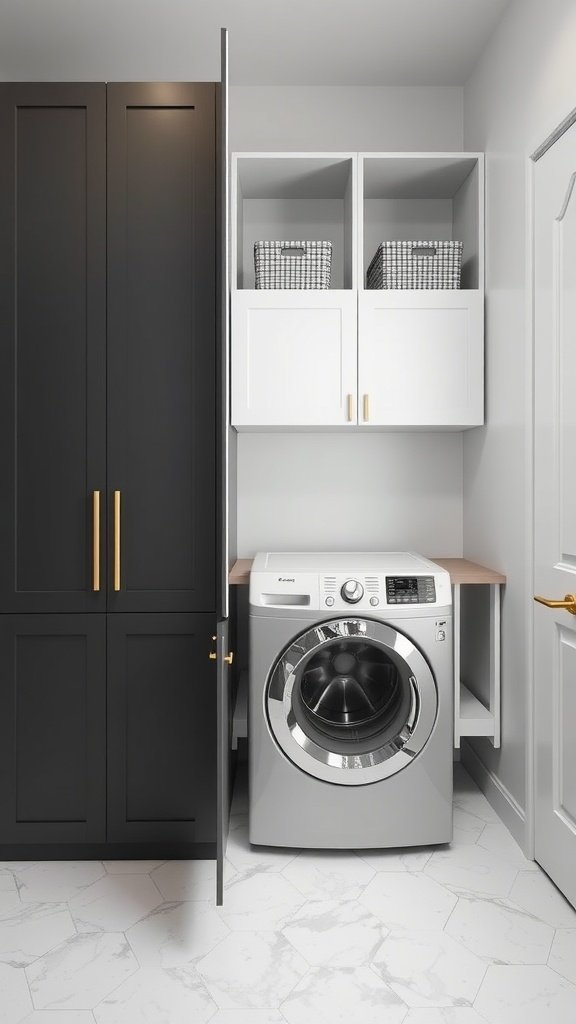 A well-organized laundry room featuring a stacked washer and dryer with hidden storage cabinets.