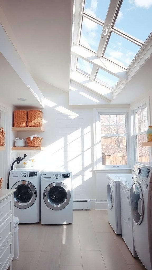 A bright laundry room with a washer and dryer, featuring large windows and a modern design.