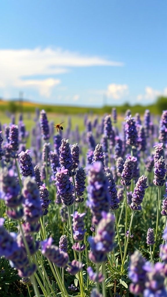 A field of blooming lavender flowers under a clear blue sky.
