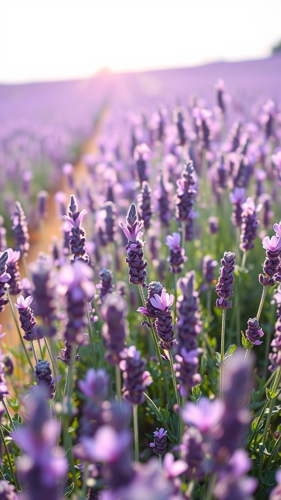 Lavender flowers in a sunlit field, showcasing vibrant purple blooms.