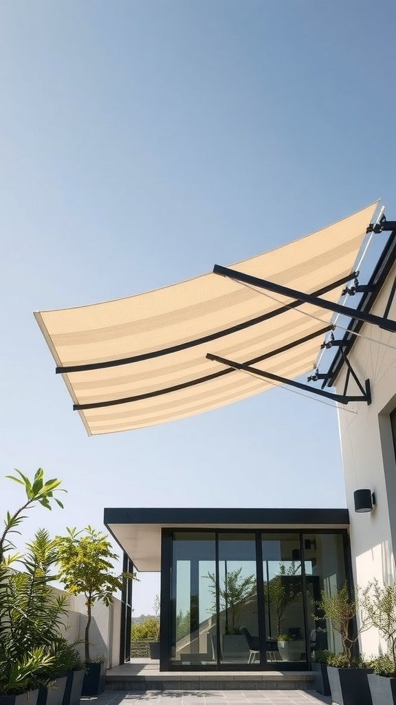 A stylish layered awning over a modern patio