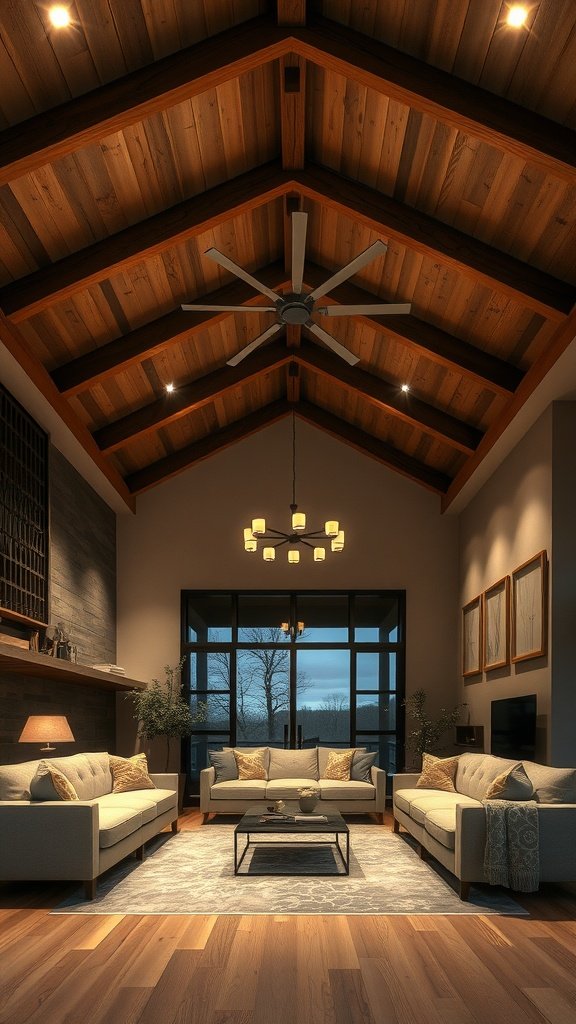 Cozy living room with ceiling beams and layered lighting
