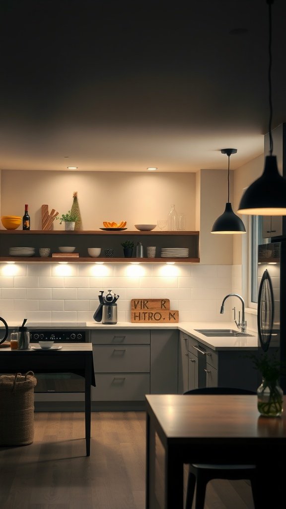 A stylish kitchen with layered lighting, showcasing a cozy decor and organized aesthetic.