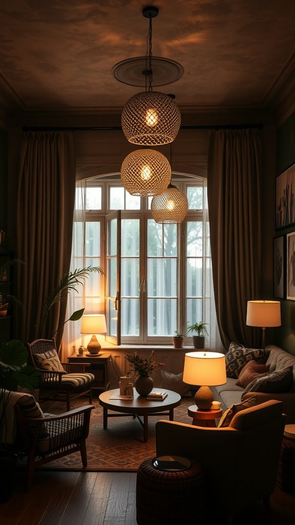 Cozy boho living room with layered lighting elements