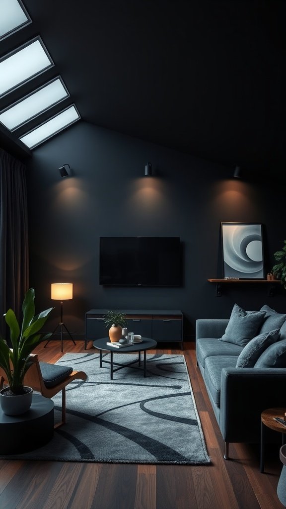 A stylish black living room with layered lighting, showcasing a modern aesthetic.