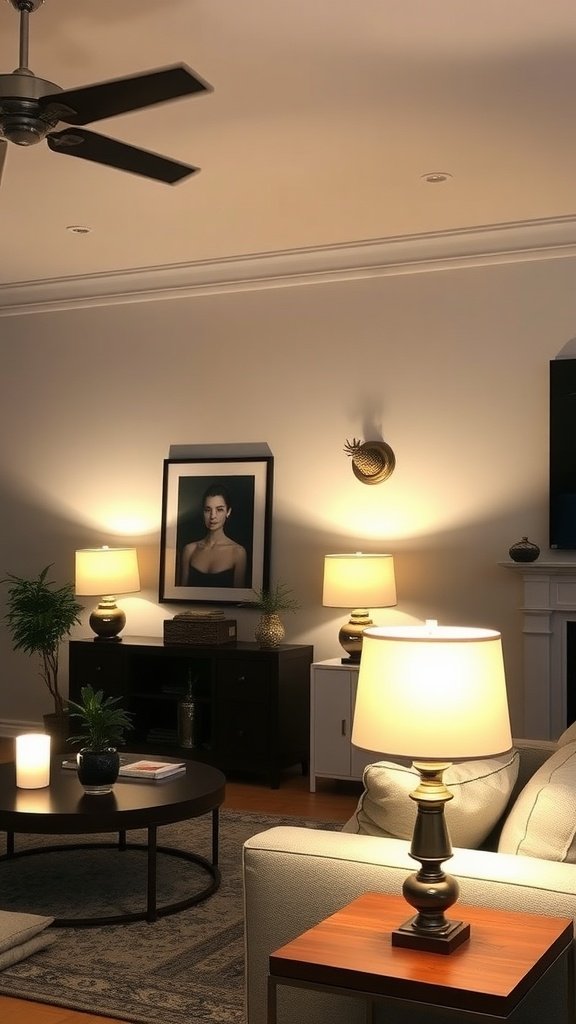 Cozy living room with layered lighting and decorative elements