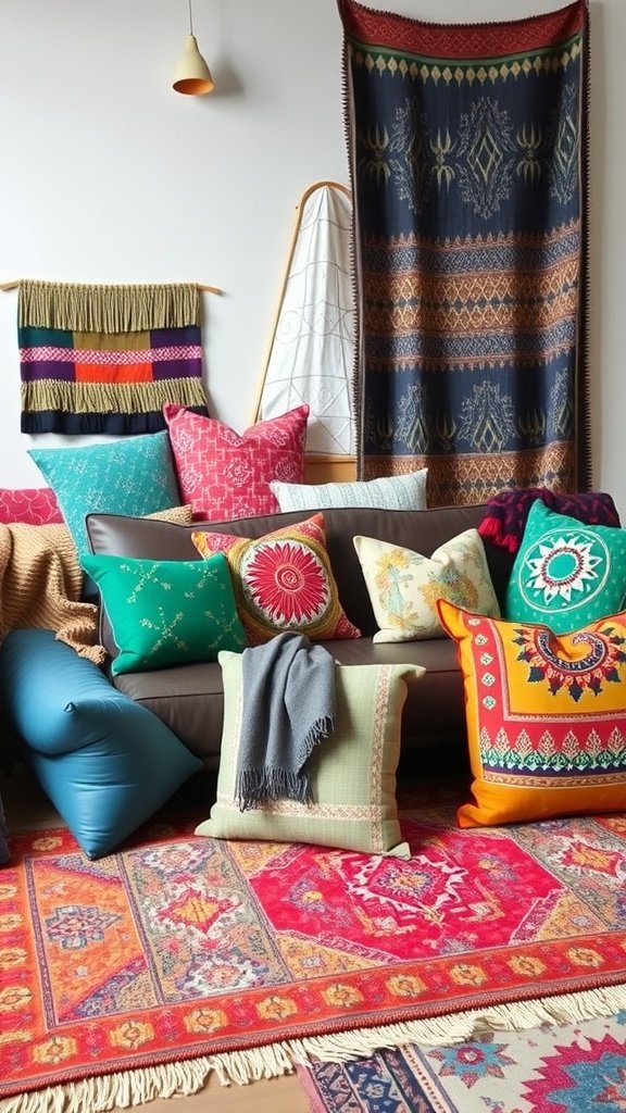 A colorful living room featuring various patterned cushions, a vibrant rug, and layered textiles that create a cozy and inviting atmosphere.