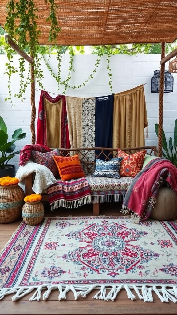 Bohemian outdoor seating area with layered textiles and throws.