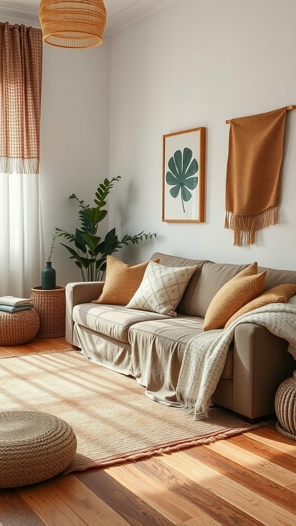 Cozy living room with layered textiles including an olive couch, throw pillows, and a knit blanket.