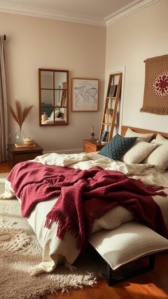 A cozy rustic bedroom with layered textiles, featuring a bed with a red throw and pillows.