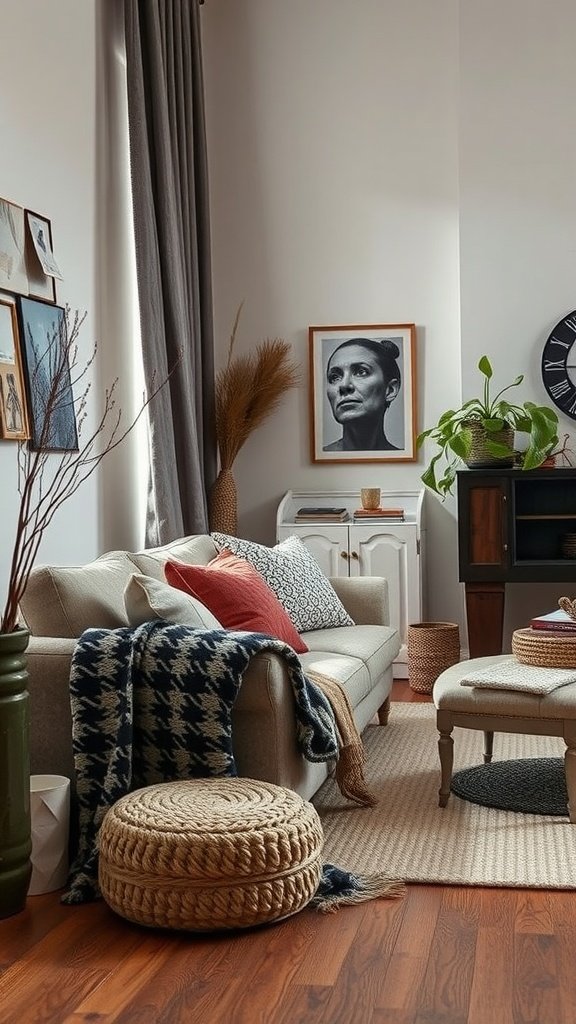 Cozy living room featuring a green sofa with various textured pillows and throws, a pouf, and some wall art.