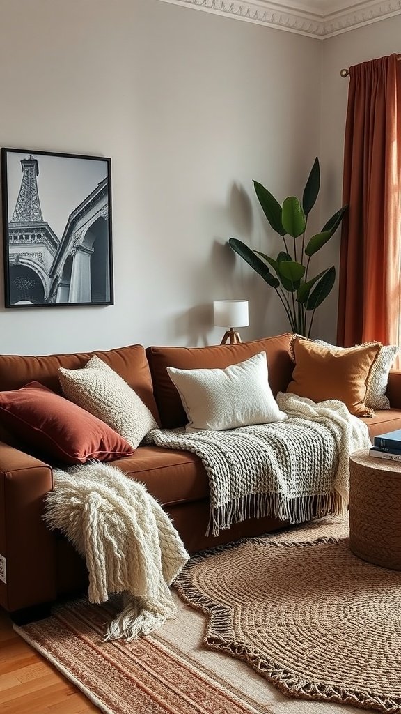 Cozy living room with layered textures featuring a brown couch, knitted blankets, and decorative pillows.