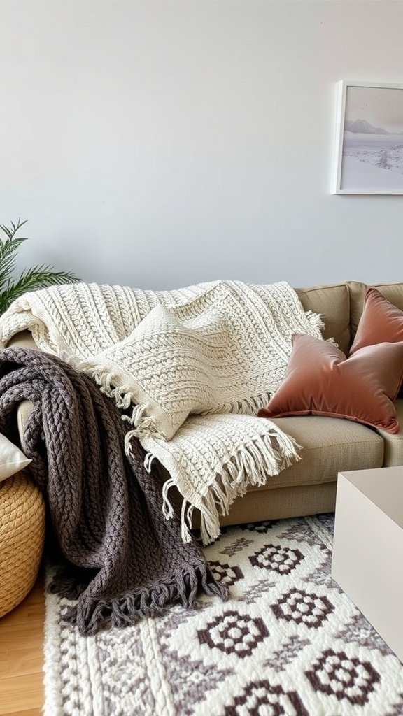 Cozy living room with layered textures, including knitted blankets and decorative pillows.